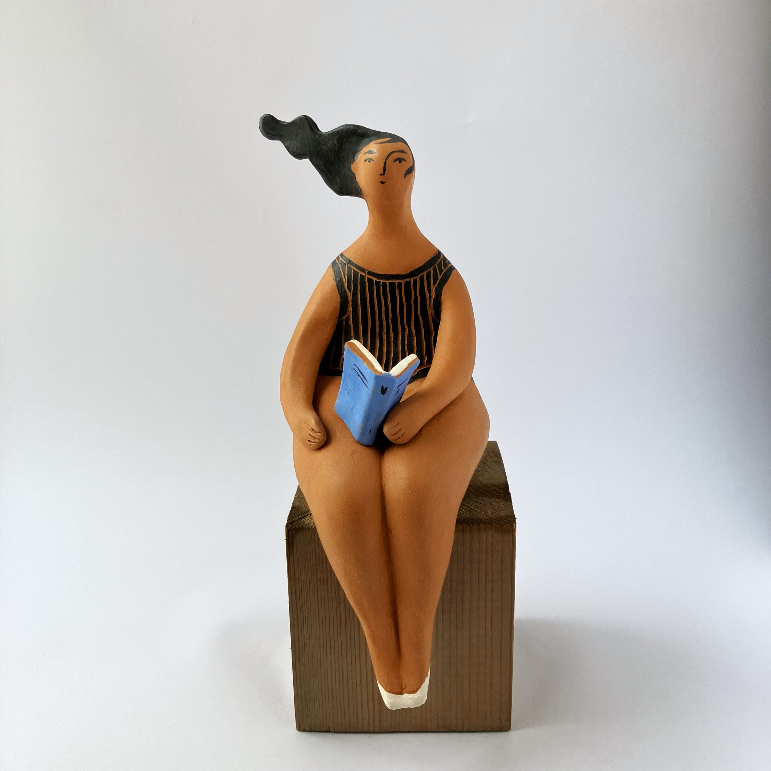 “Marinella” terracotta matte finish with book and black striped swimsuit